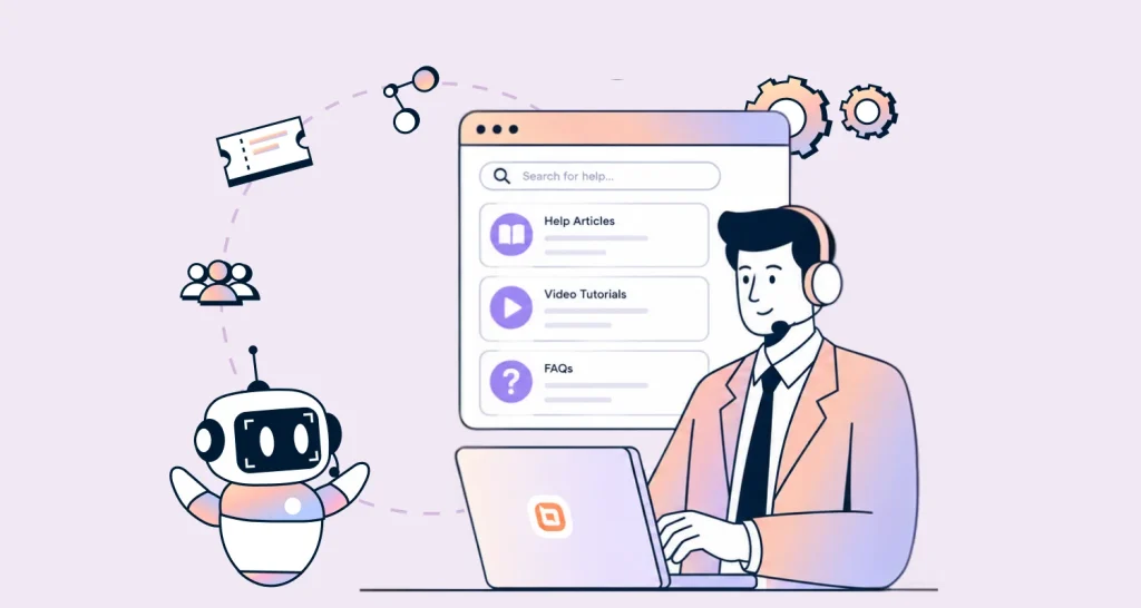 Ticket deflection with AI chatbot, knowledge base, FAQs, and self-service support reducing customer support requests
