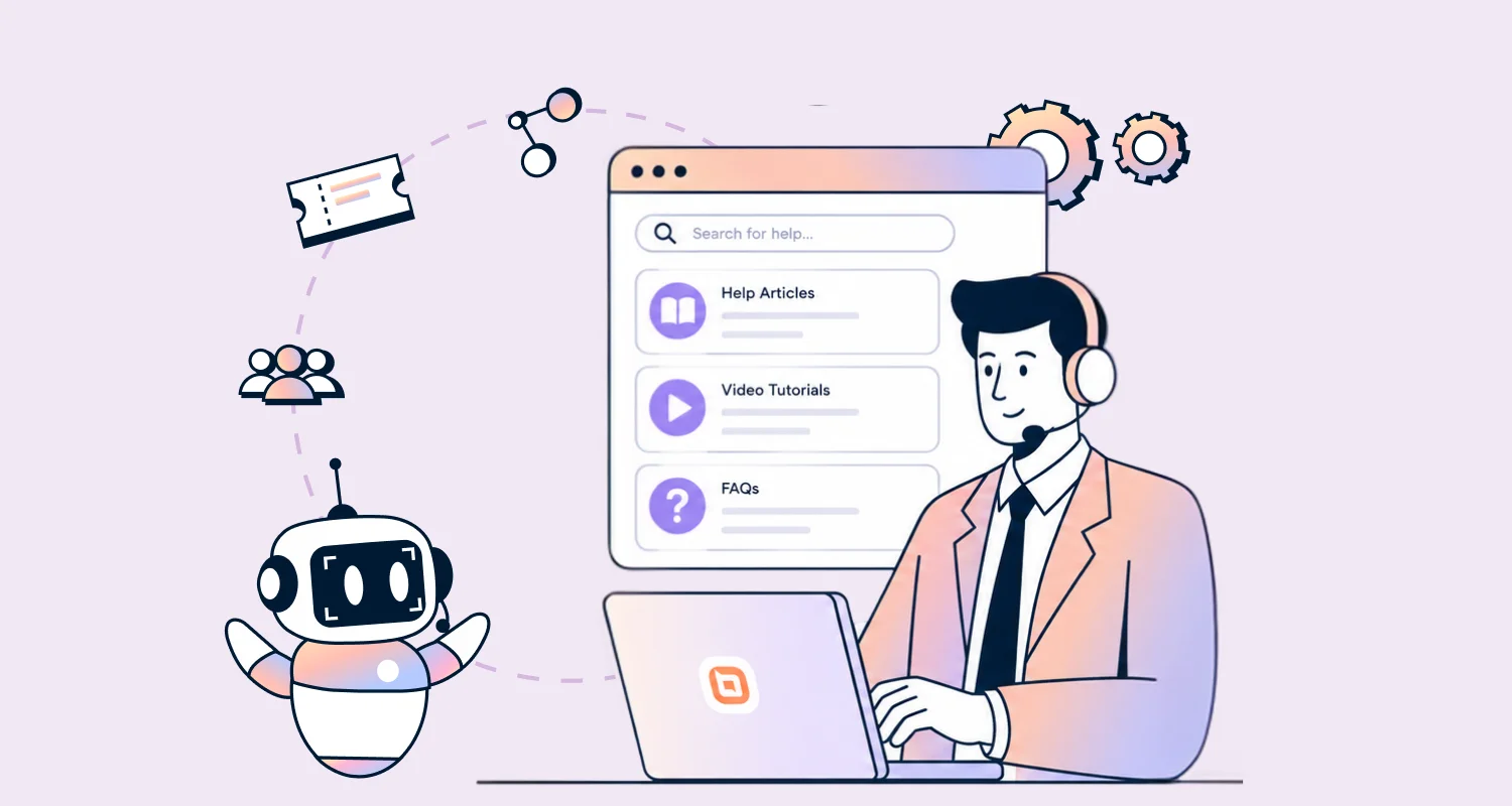 Ticket deflection with AI chatbot, knowledge base, FAQs, and self-service support reducing customer support requests