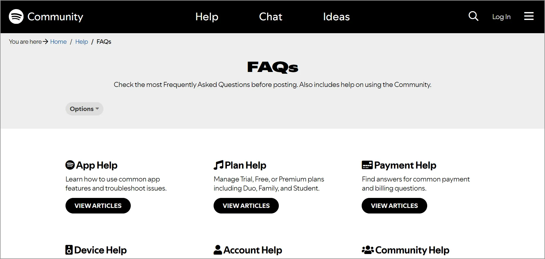 Spotify FAQ page