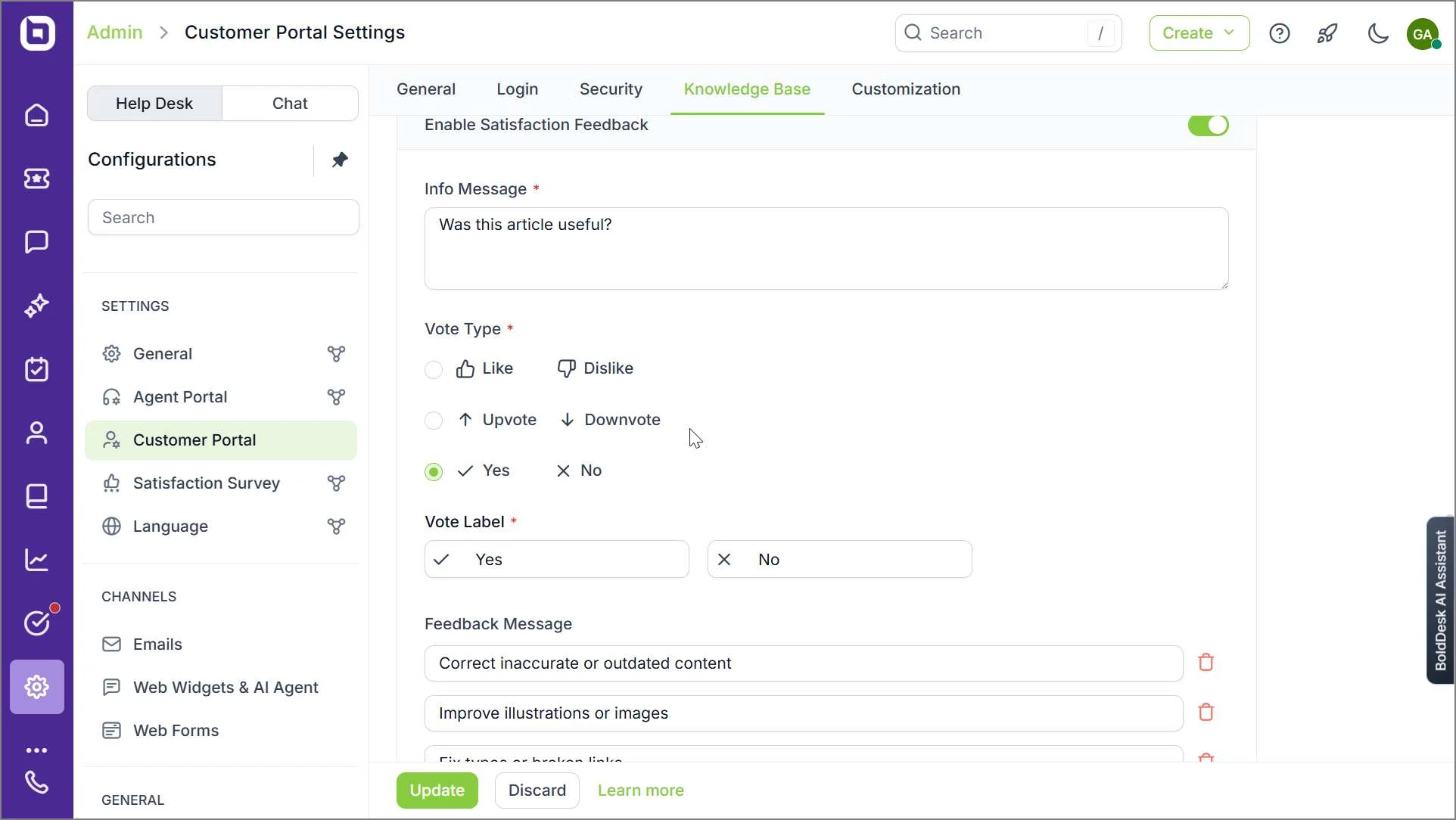 Internal knowledge base feedback settings to assess content performance and effectiveness