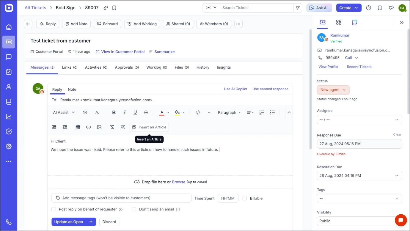 Integrating KB Articles with Tickets
