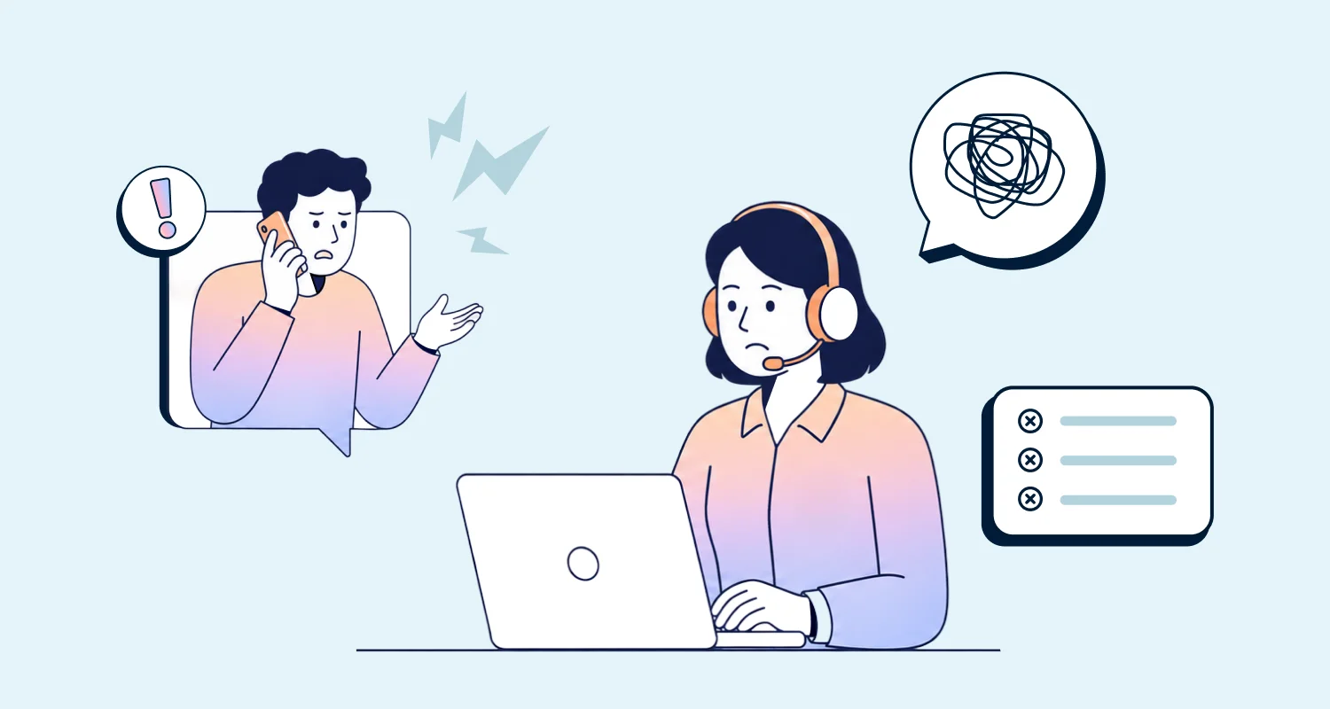 Customer support agent managing a complaint call, with issue alerts, unresolved tickets, and customer frustration icons.