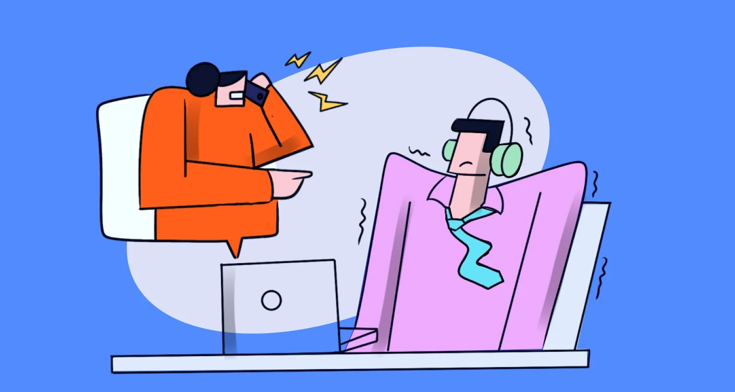 Illustration showing customer service problems with a frustrated support agent handling an angry customer call.