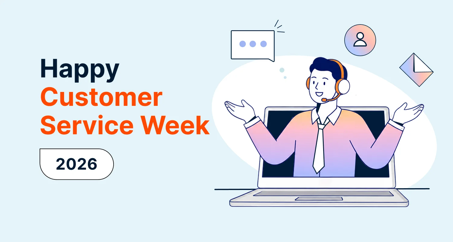 A customer service representative with a desktop and a descriptive heading "Happy customer service week 2026"