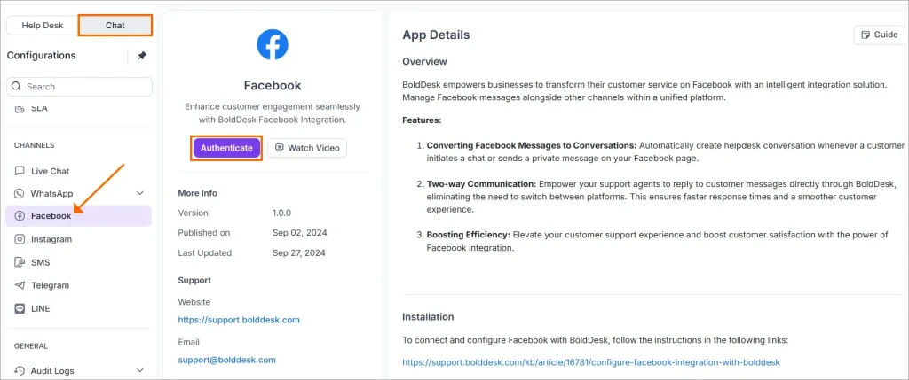 Facebook integration setup in BoldDesk for managing customer messages and support conversations.