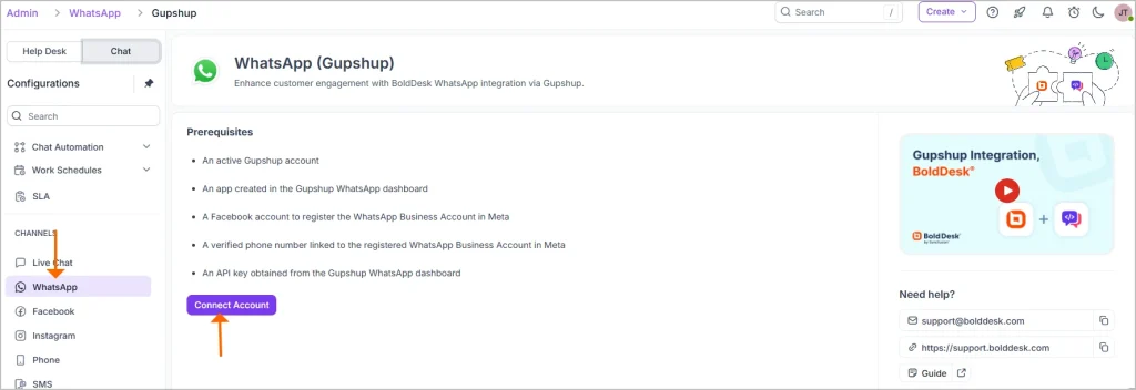 WhatsApp integration setup in BoldDesk using Gupshup to connect and manage customer conversations.