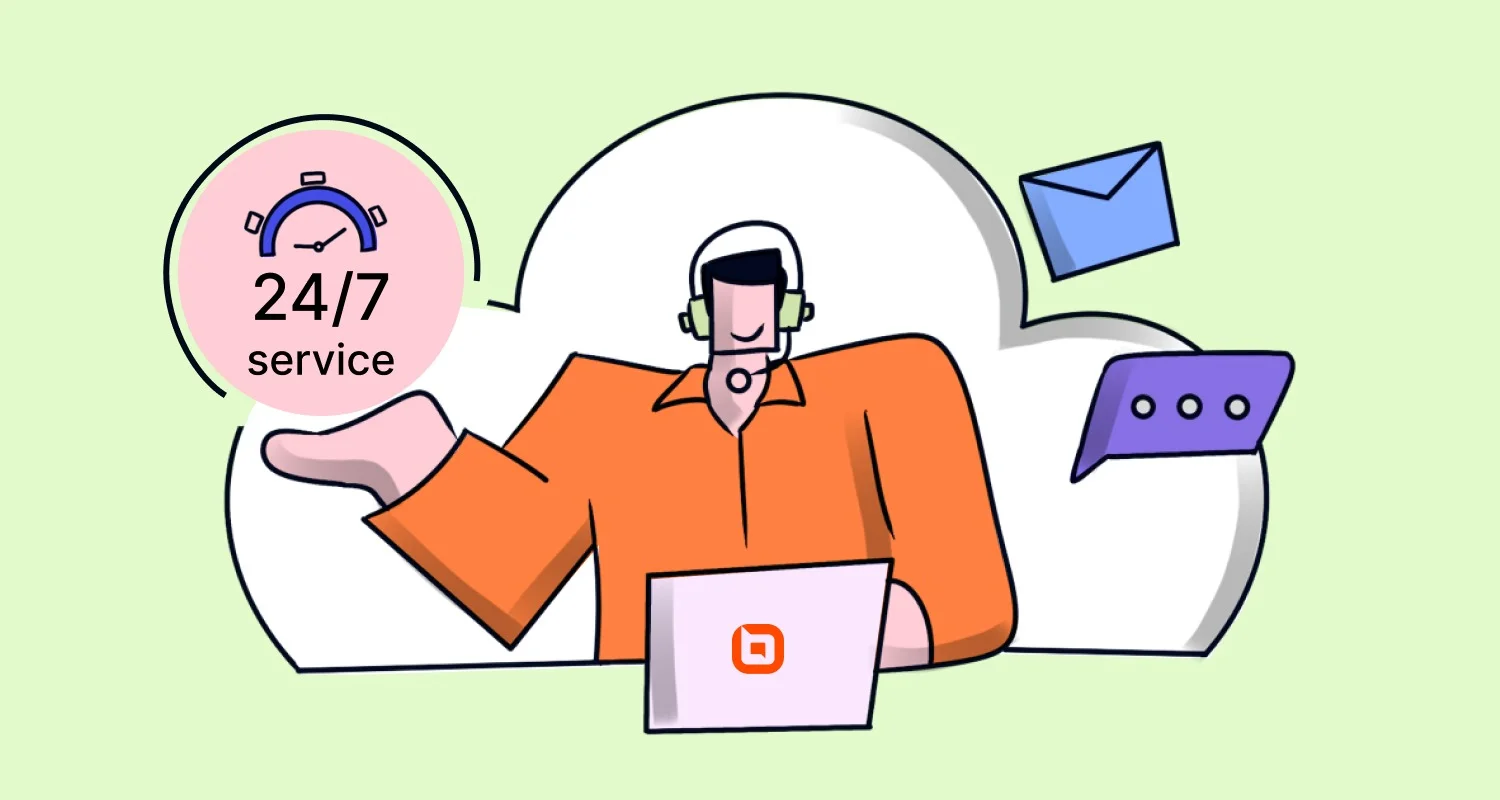 Illustrations showing man with headphones, holding a watch, and message icons that are floating