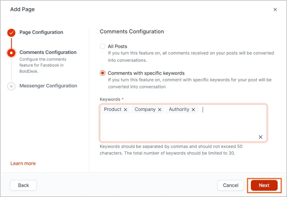 BoldDesk configuration window for Facebook comments with keyword filter set to Product, Company, and Authority