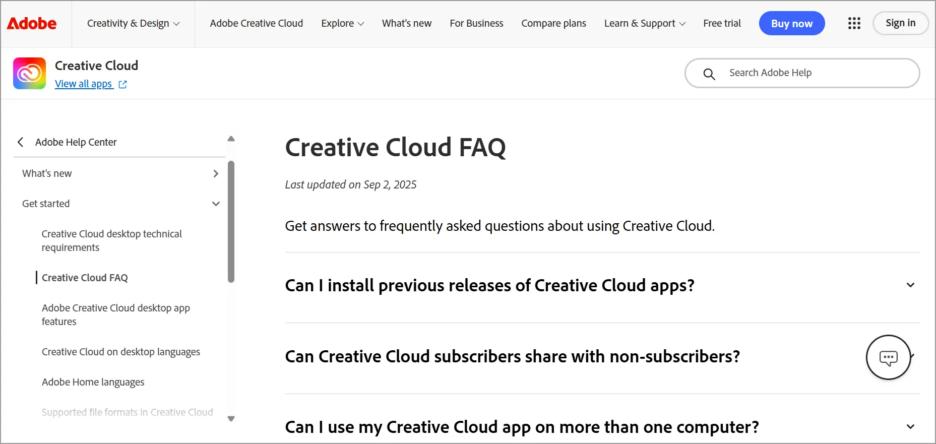 Adobe FAQ page