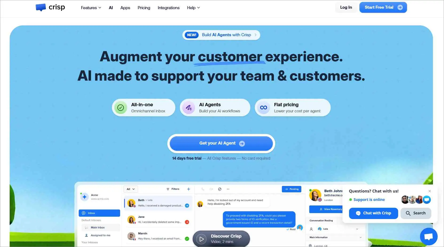 Crisp customer support software as an affordable LiveAgent alternative with live chat and AI support