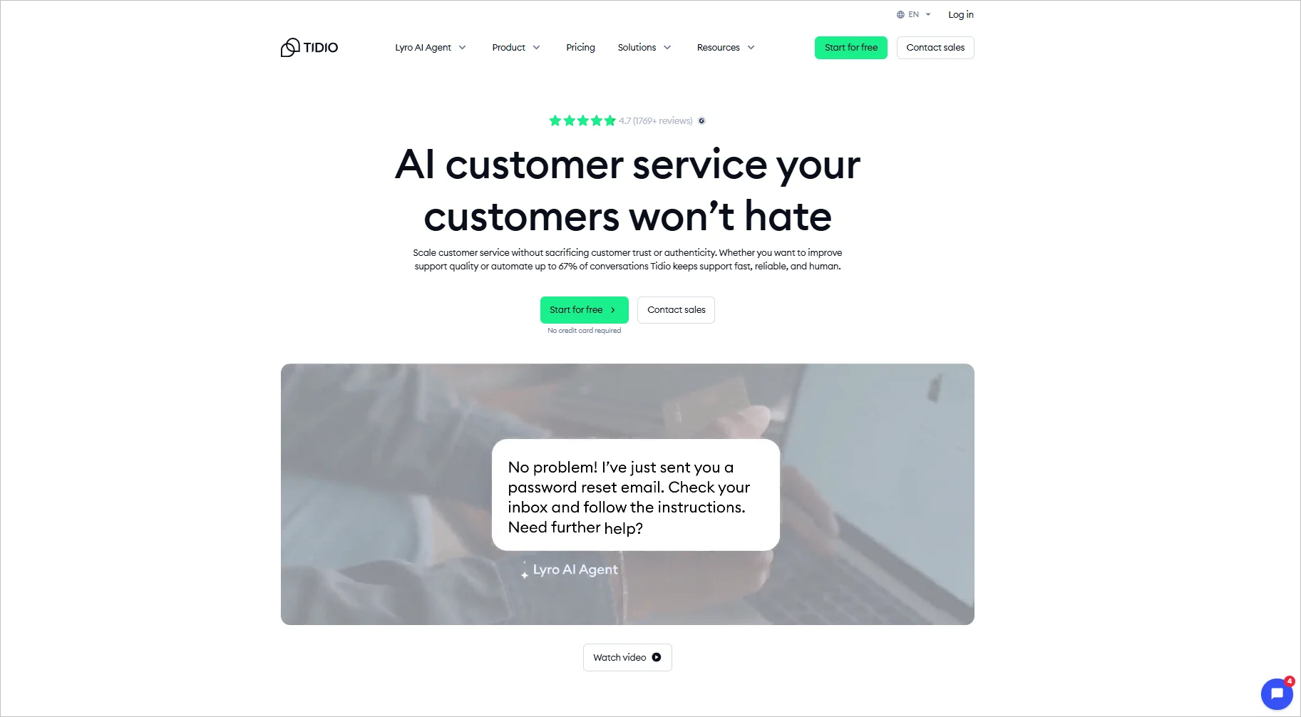 Image showing the Tidio home page with the tagline "AI customer service your customers won’t hate"