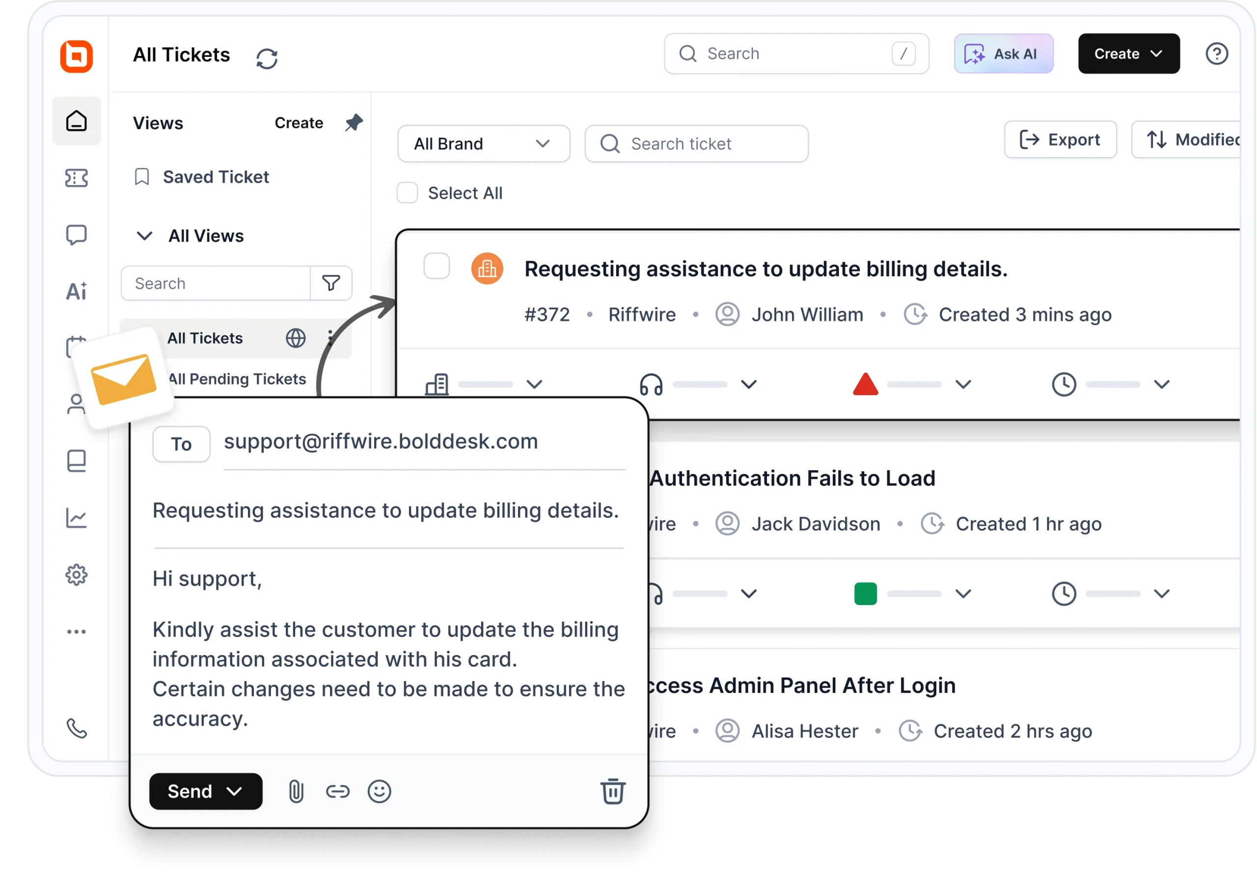 White and gray ticketing dashboard with orange email icon showing a billing support request and ticket details