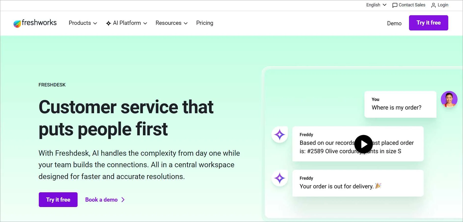 Freshdesk homepage showing AI-powered customer support dashboard with chat responses and omnichannel support interface