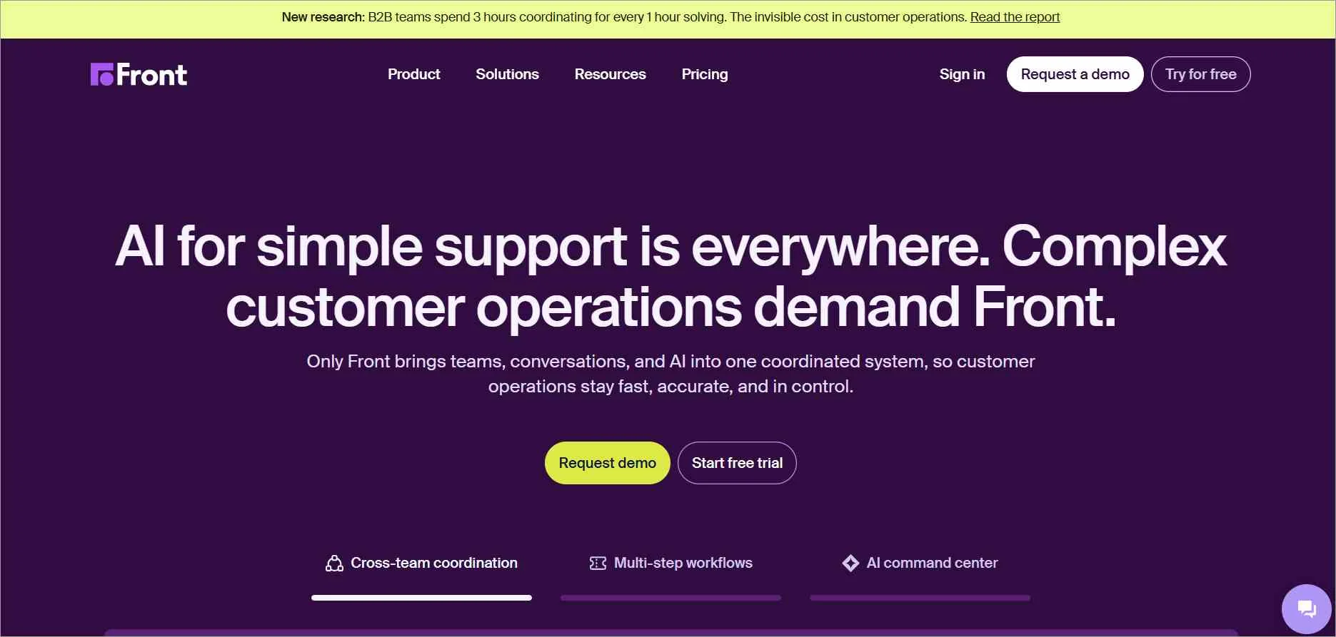 Front help desk software homepage with cross-team collaboration, demo, and free trial buttons