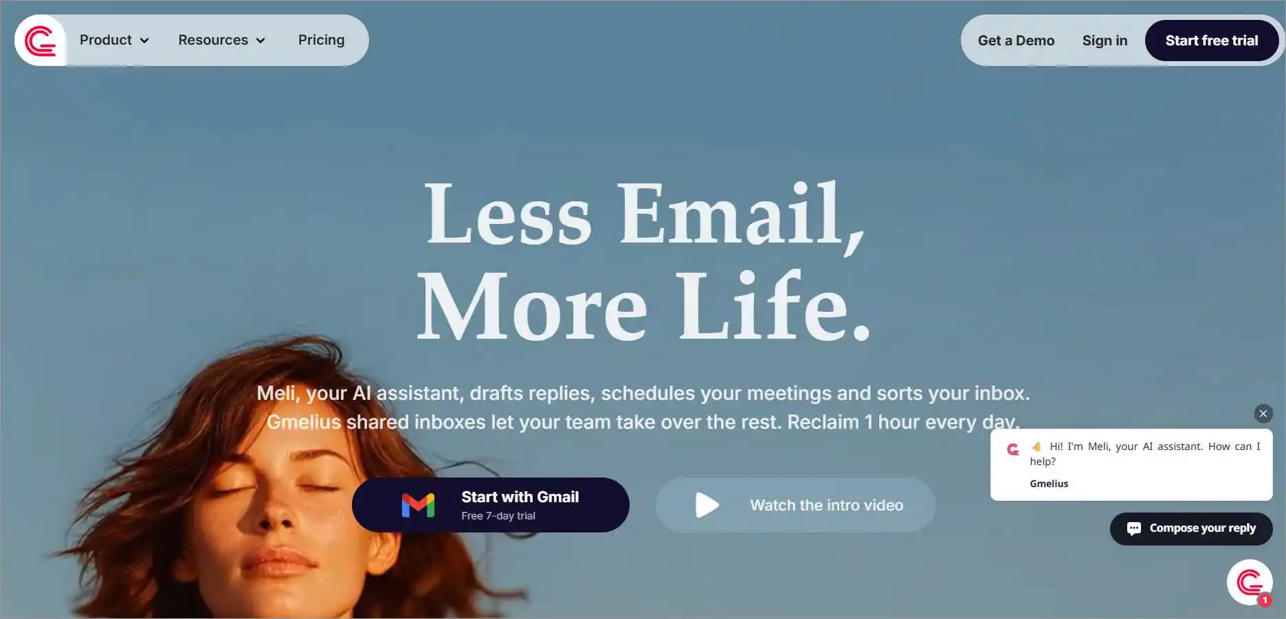 Blue website banner with white text, dark buttons, AI chat widget, and portrait promoting AI email assistance