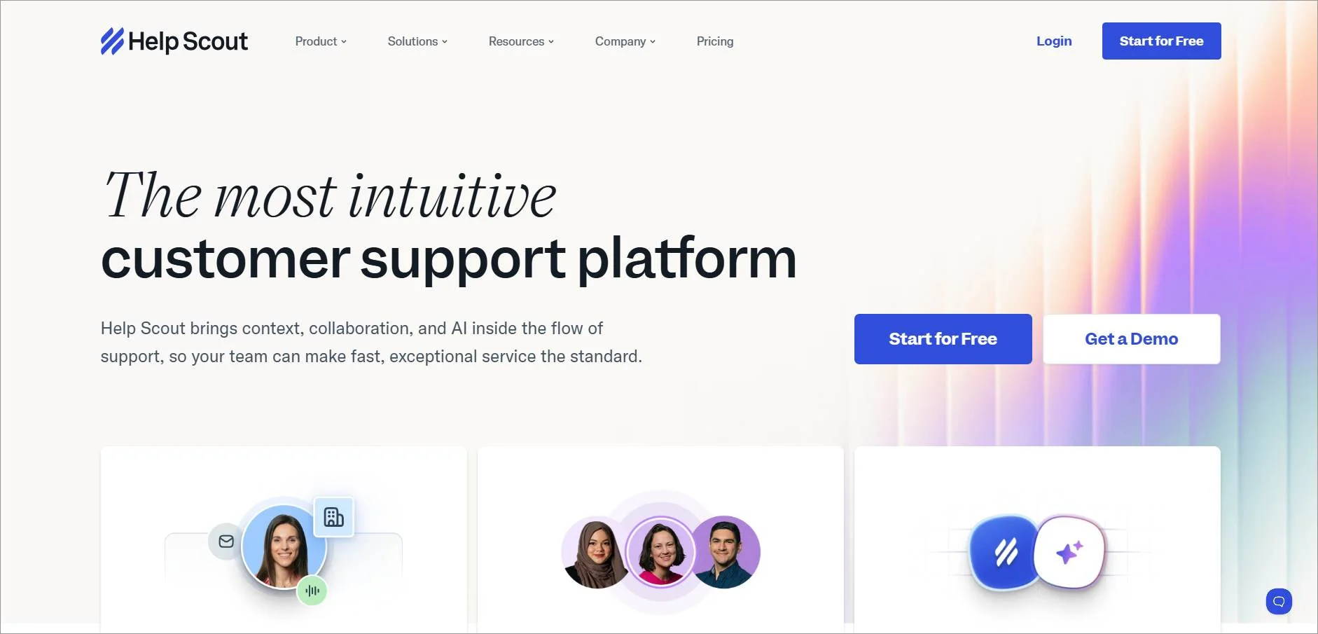 Help Scout help desk software homepage with AI support features, free trial, and pricing for small teams.