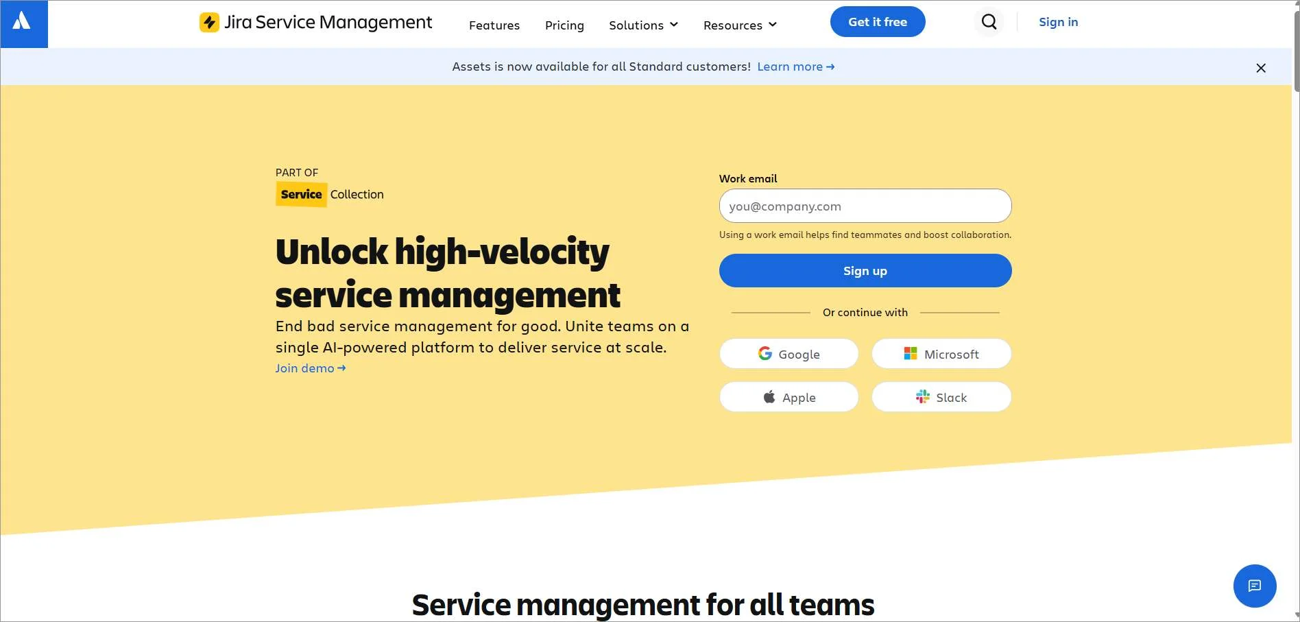Jira Service Management help desk software page with service desk messaging and team workflow graphics.