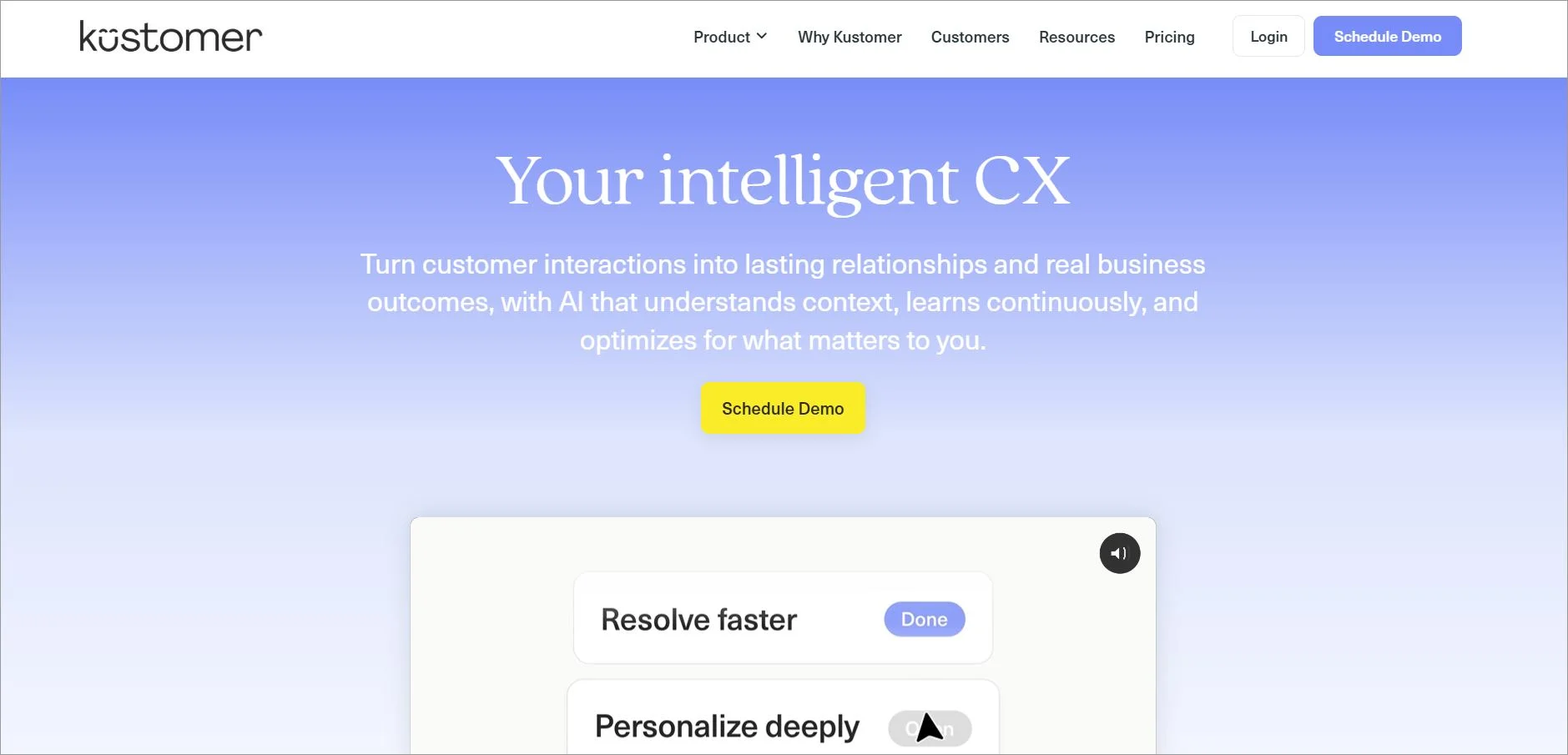Kustomer help desk software homepage highlighting AI, demo booking, and intelligent CX