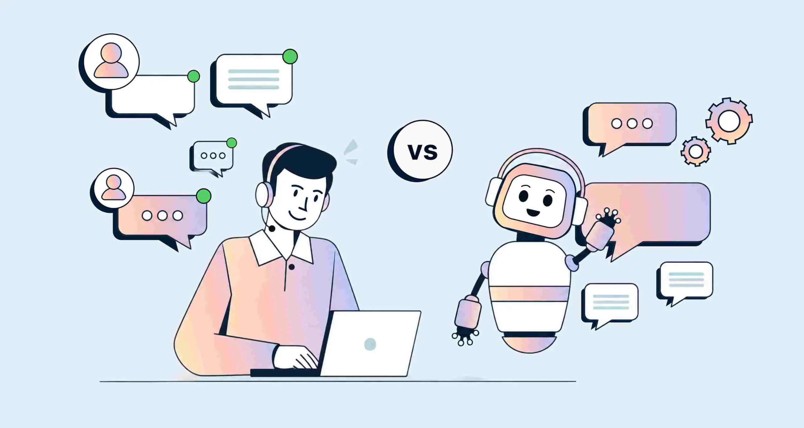Pink and purple illustration of a live chat agent and AI chatbot with a VS symbol, chat bubbles, and gear icons