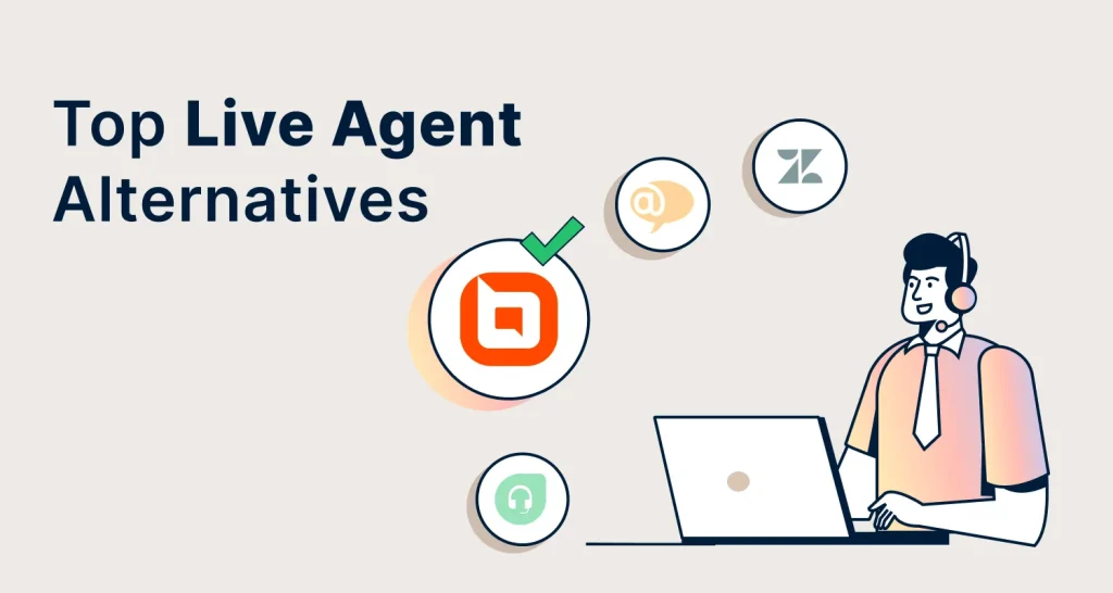 Infographic showing LiveAgent alternatives around the title, and a support agent at a laptop on a light orange background