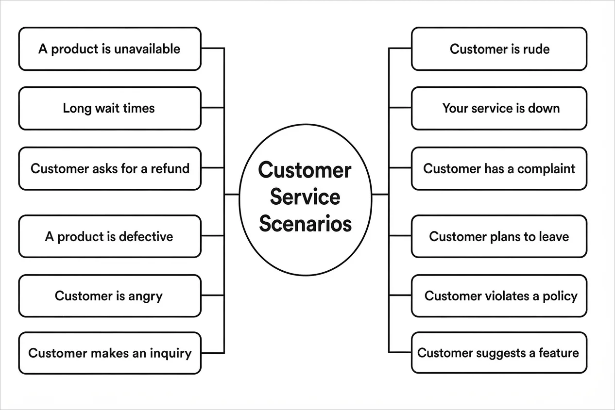 Common customer service scenarios such as angry customers, refund requests, service outages, complaints, and long wait times.