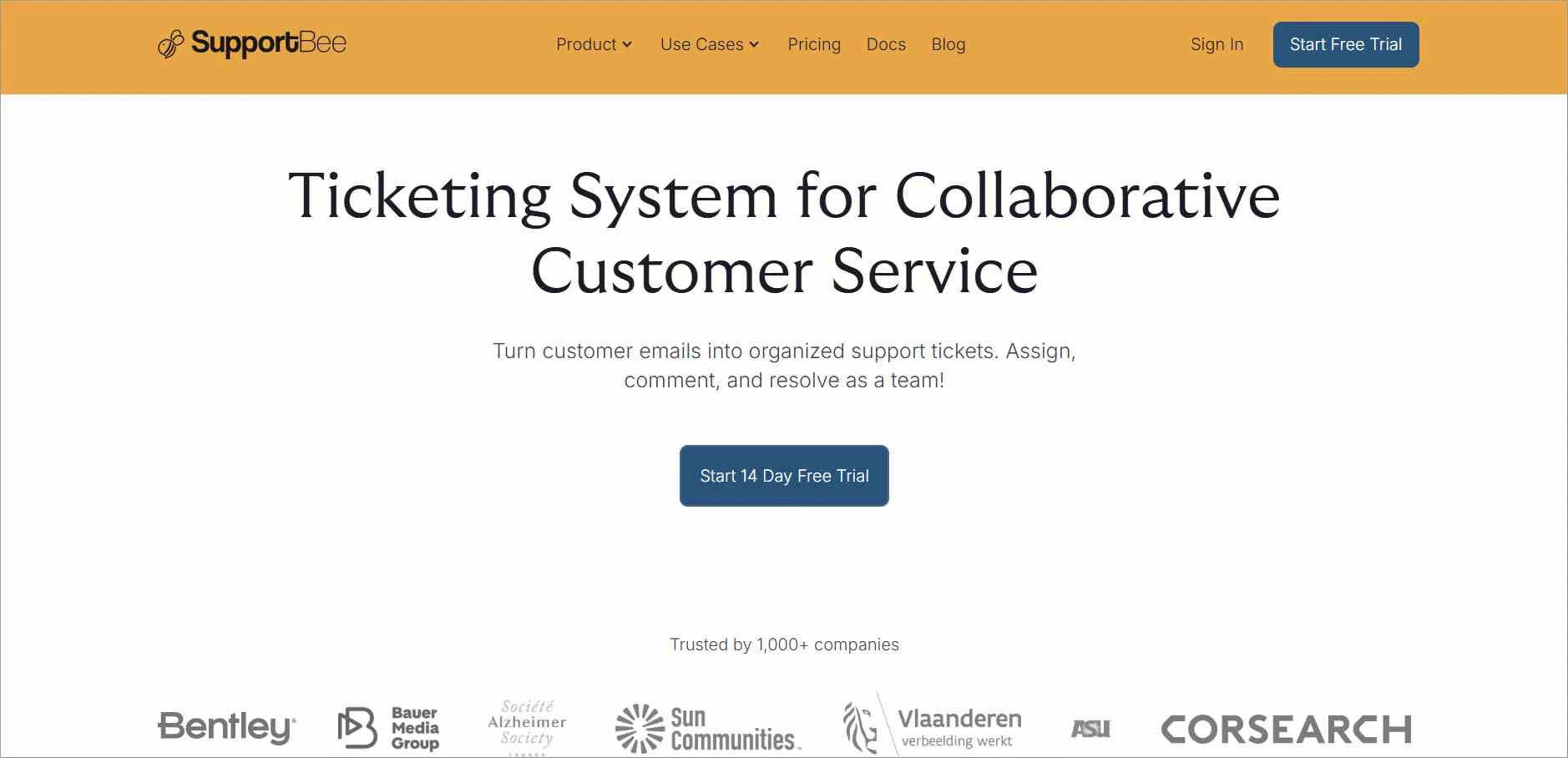 Support ticket software banner with collaborative customer service and free trial duration