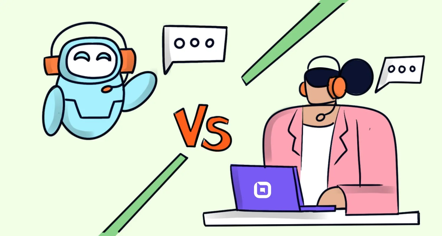 Blue chatbot versus person using a purple laptop, connected by an orange VS symbol on a light green background