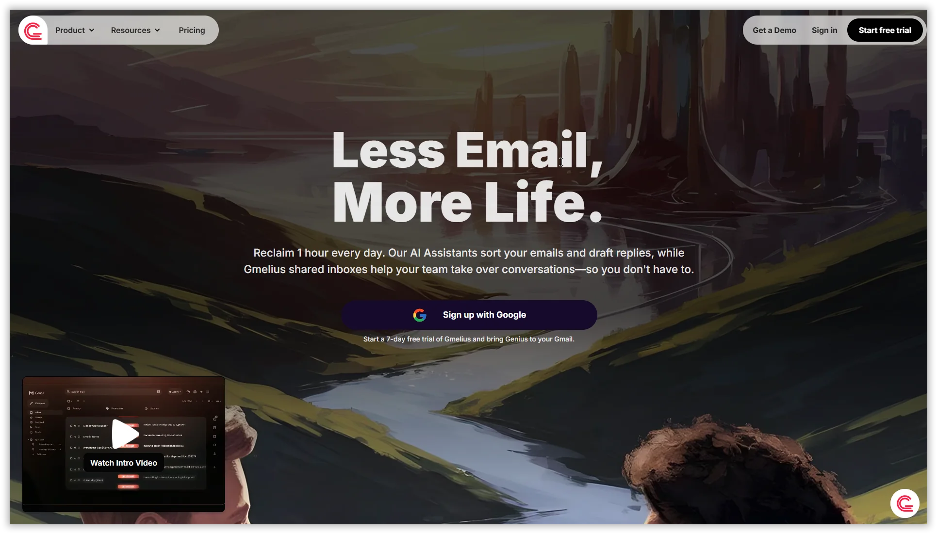 Image illustration of Gmelius Home Page showing a river flowing through a valley