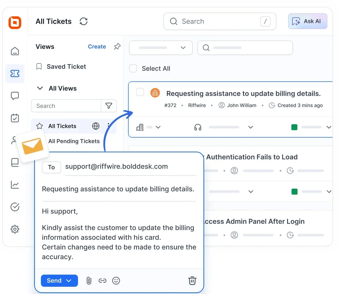 Image illustrating BoldDesk ticketing software in action.