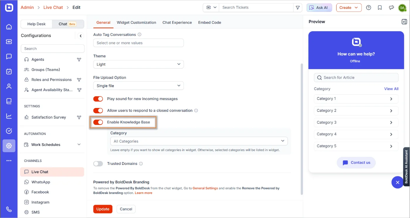 Live chat release: Knowledge base