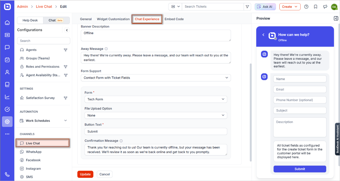Live chat release: Custom offline form