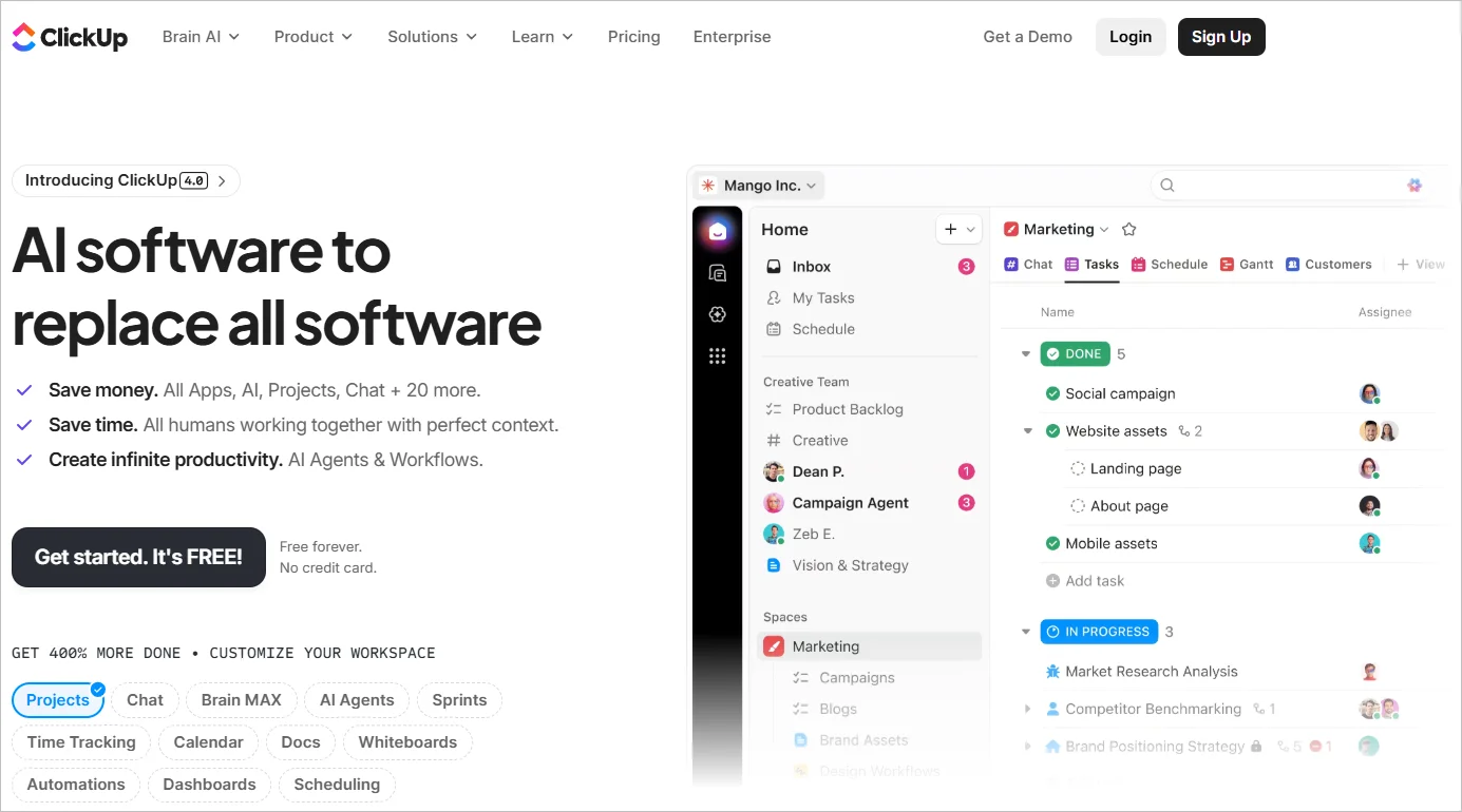 ClickUp webpage showing the text “AI software to replace all software” with task management interface previews and buttons to get started or sign up.