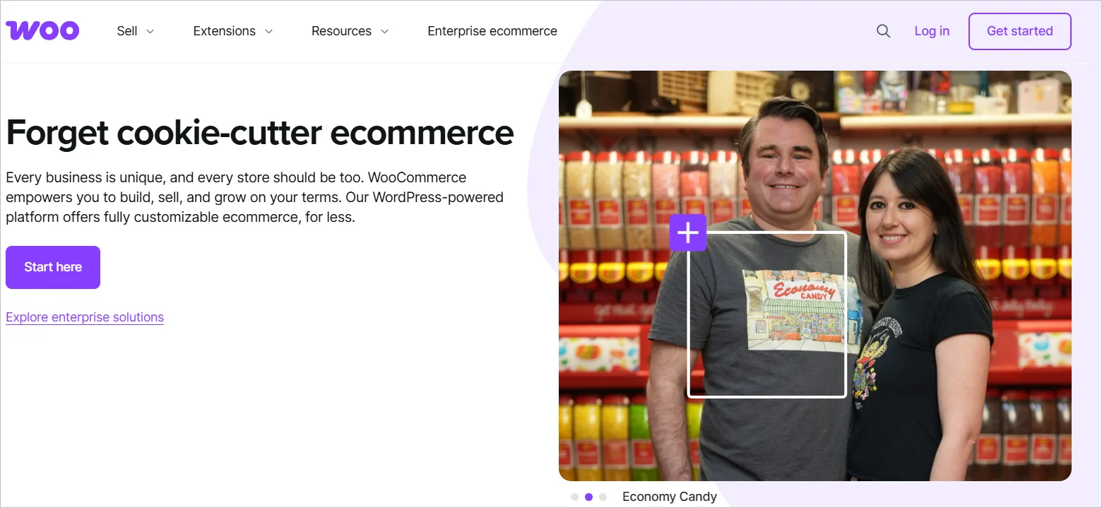 WooCommerce webpage with the text “Forget cookie‑cutter ecommerce,” a call‑to‑action button, and a background showing store shelves and product displays.
