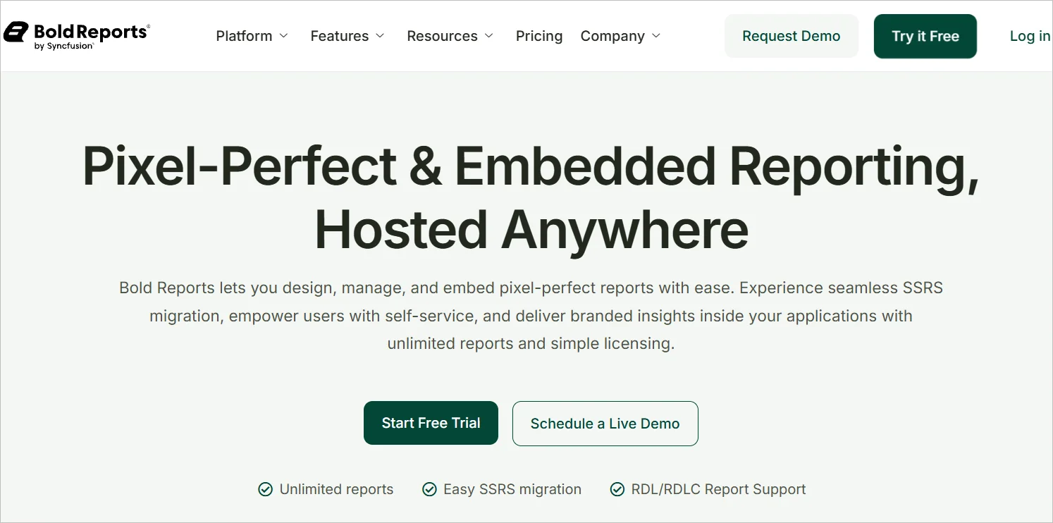 BoldReports webpage with the headline “Pixel‑Perfect & Embedded Reporting, Hosted Anywhere” and buttons to start a free trial or schedule a live demo.