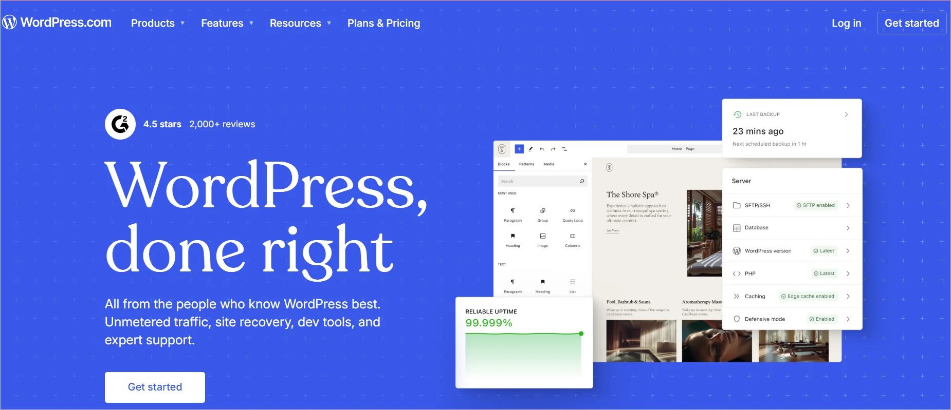WordPress.com webpage with the text “WordPress, done right,” showing site‑building tools, uptime status, backup info, and a button to get started.