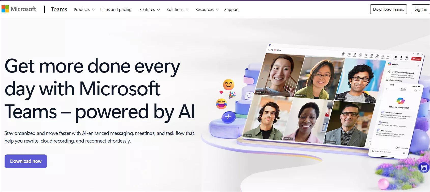 Microsoft Teams, SaaS examples showing the text “Get more done every day with Microsoft Teams — powered by AI” with a video call interface and download button.