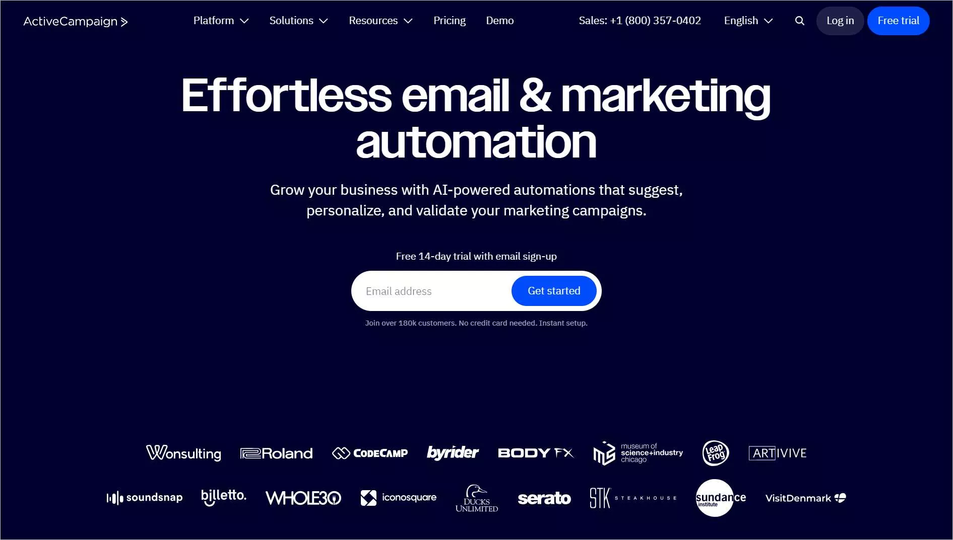 ActiveCampaign webpage with the headline “Effortless email & marketing automation,” featuring sign‑up fields, trial details, and navigation links.