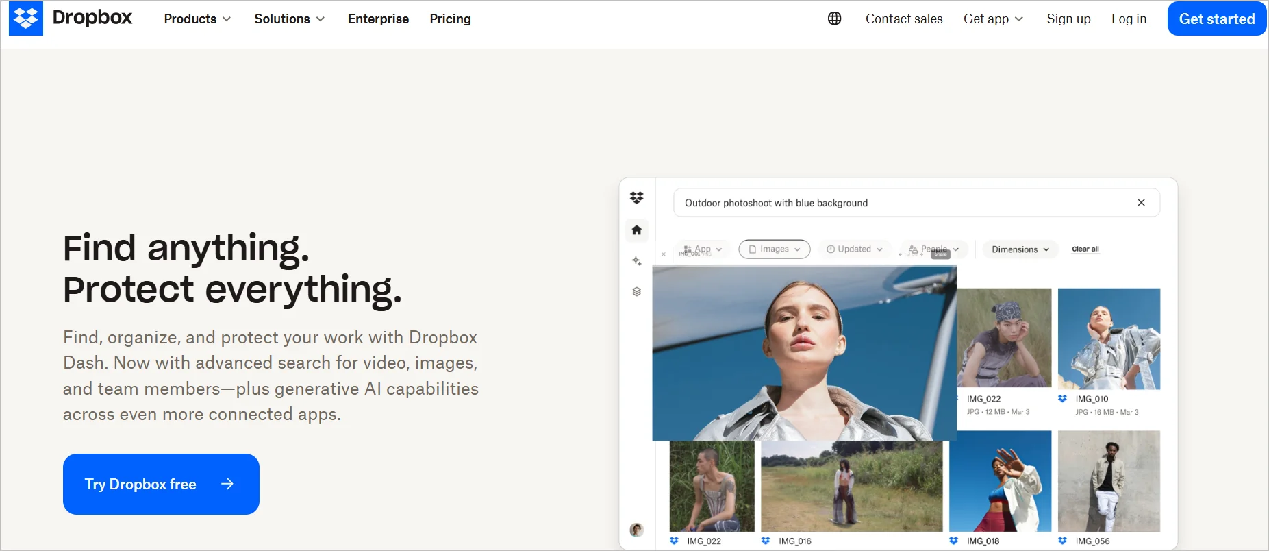 Dropbox webpage with the headline “Find anything. Protect everything.” and a file‑search interface showing image thumbnails and a button to try Dropbox free.