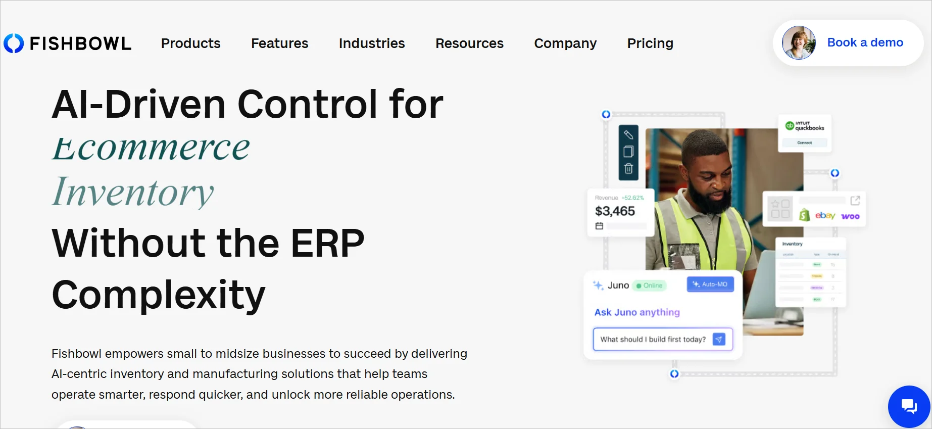 Fishbowl webpage with the text “AI‑Driven Control for Ecommerce Inventory,” showing inventory widgets, pricing data, workflow icons, and a demo button.
