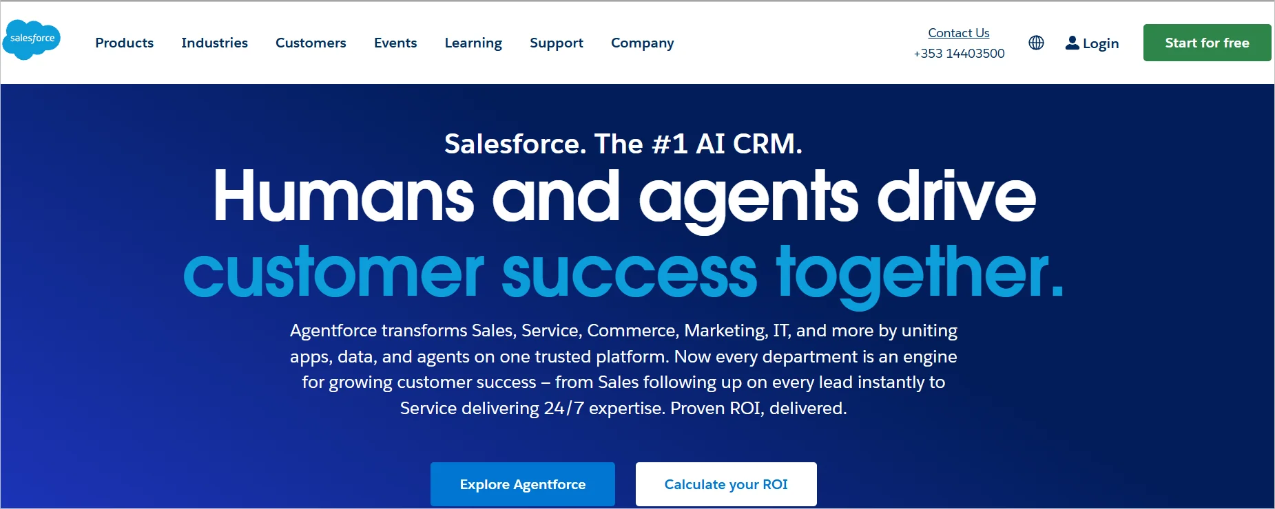 Salesforce webpage showing headline about humans and agents driving customer success, with navigation menu and buttons to explore features and ROI.