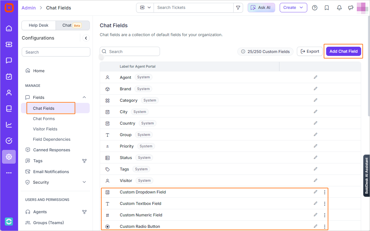 Live chat release: Chat fields