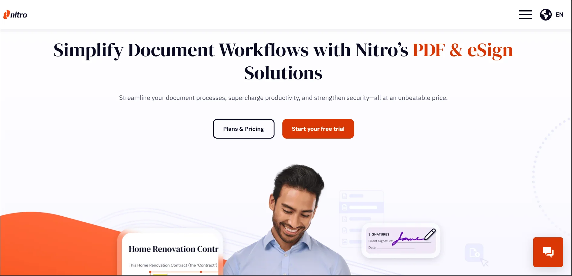 Nitro webpage with the text “Simplify Document Workflows with PDF & eSign Solutions,” showing document previews and buttons for pricing and a free trial.