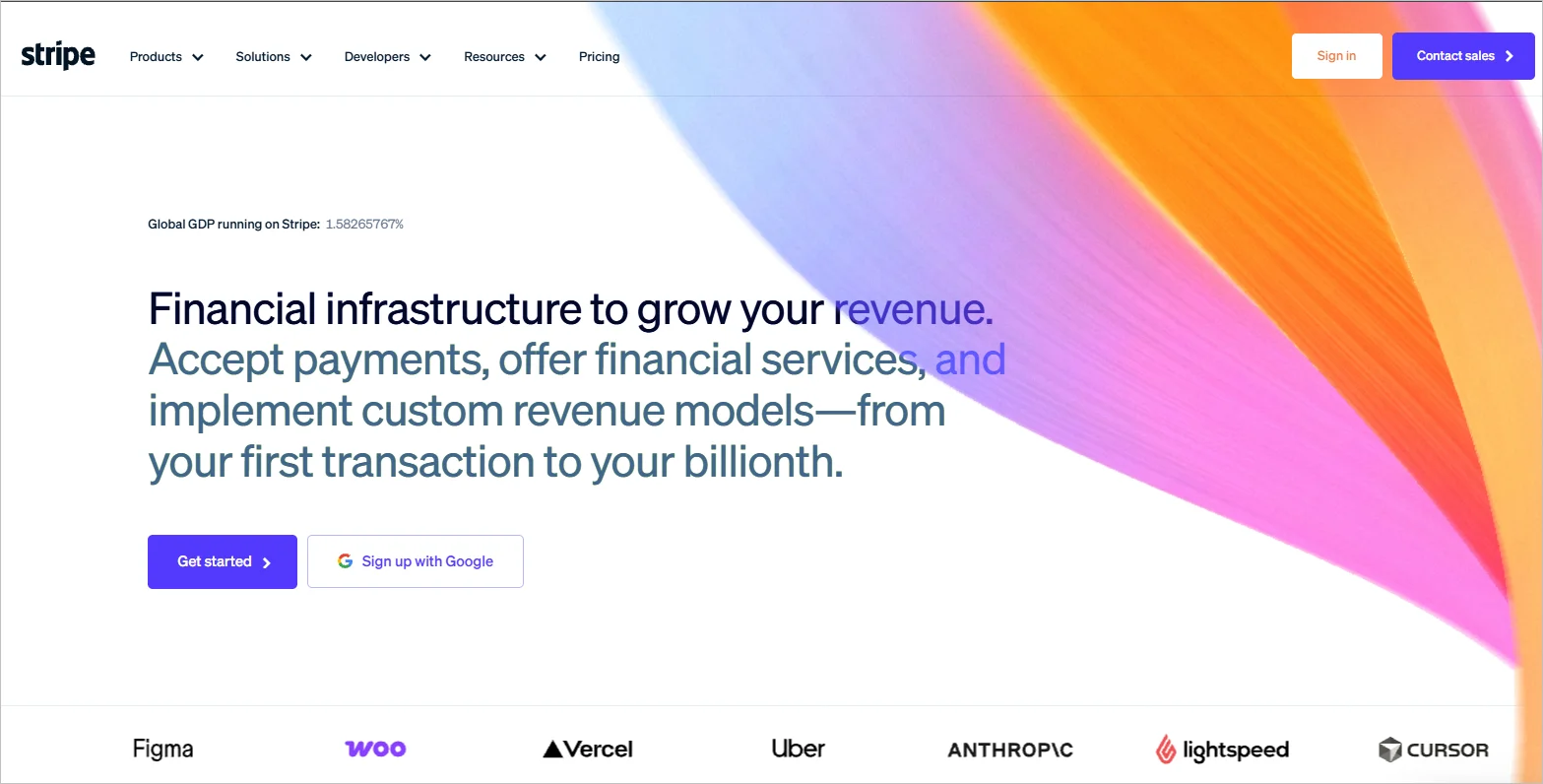 Stripe webpage showing headline about financial infrastructure, payment acceptance, and revenue models, with buttons to get started and sign up.