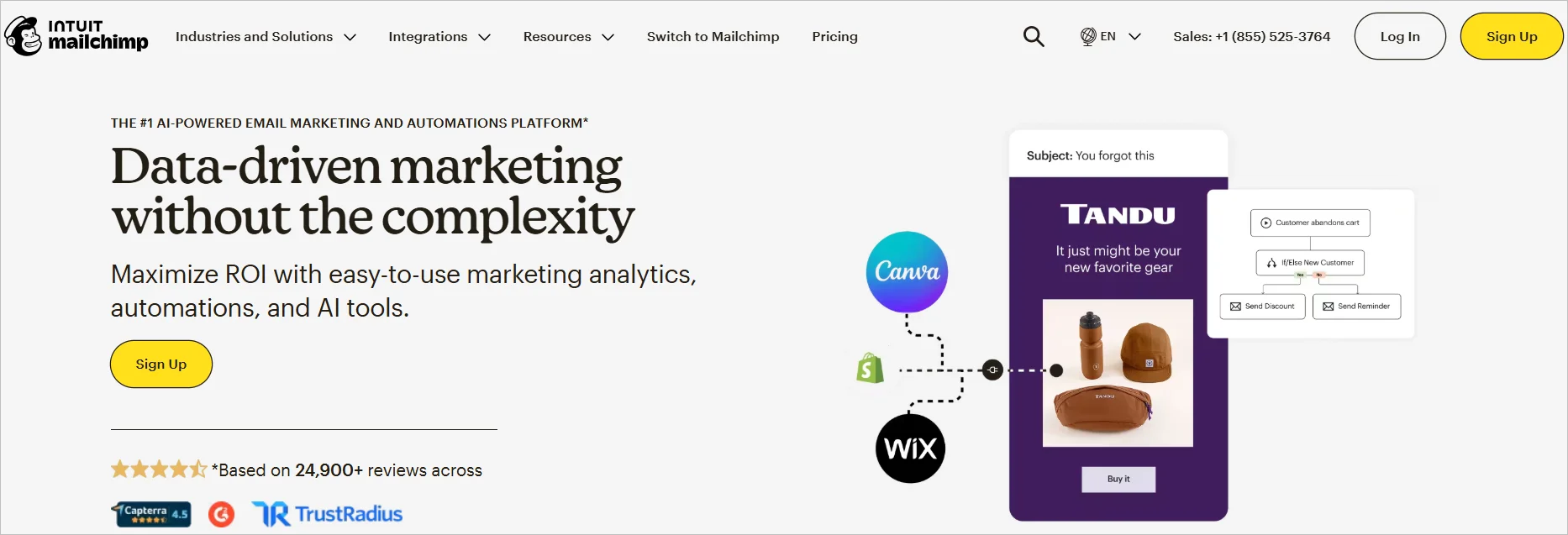 Mailchimp webpage with the text “Data‑driven marketing without the complexity,” showing automation visuals, app icons, and a button to sign up.