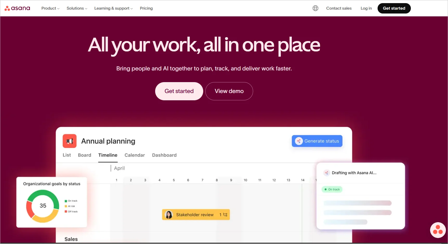 Asana webpage with the headline “All your work, all in one place” showing project planning timelines, status widgets, and buttons to get started or view a demo.