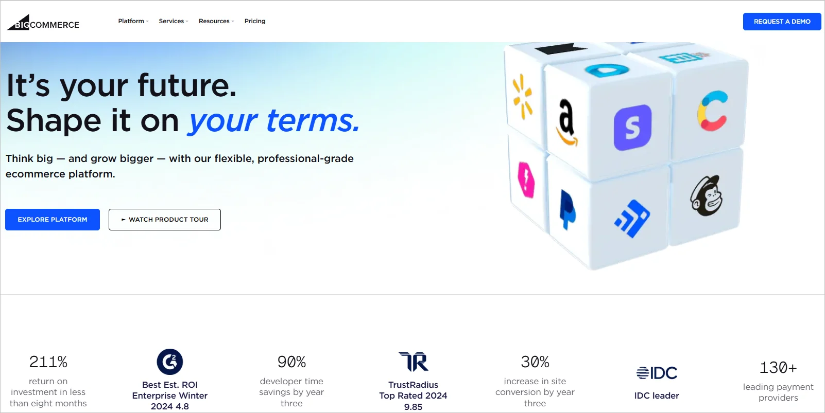 BigCommerce webpage with the headline “It’s your future. Shape it on your terms.” and a cube displaying partner logos with options to explore the platform.