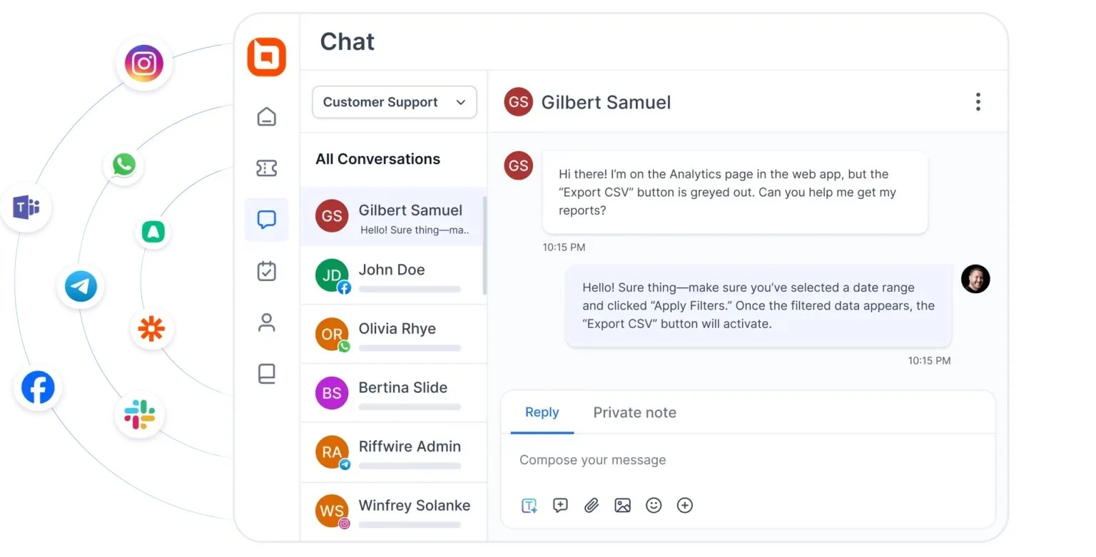Image illustrating an omnichannel inbox in BoldDesk with social media icons hovering on the side