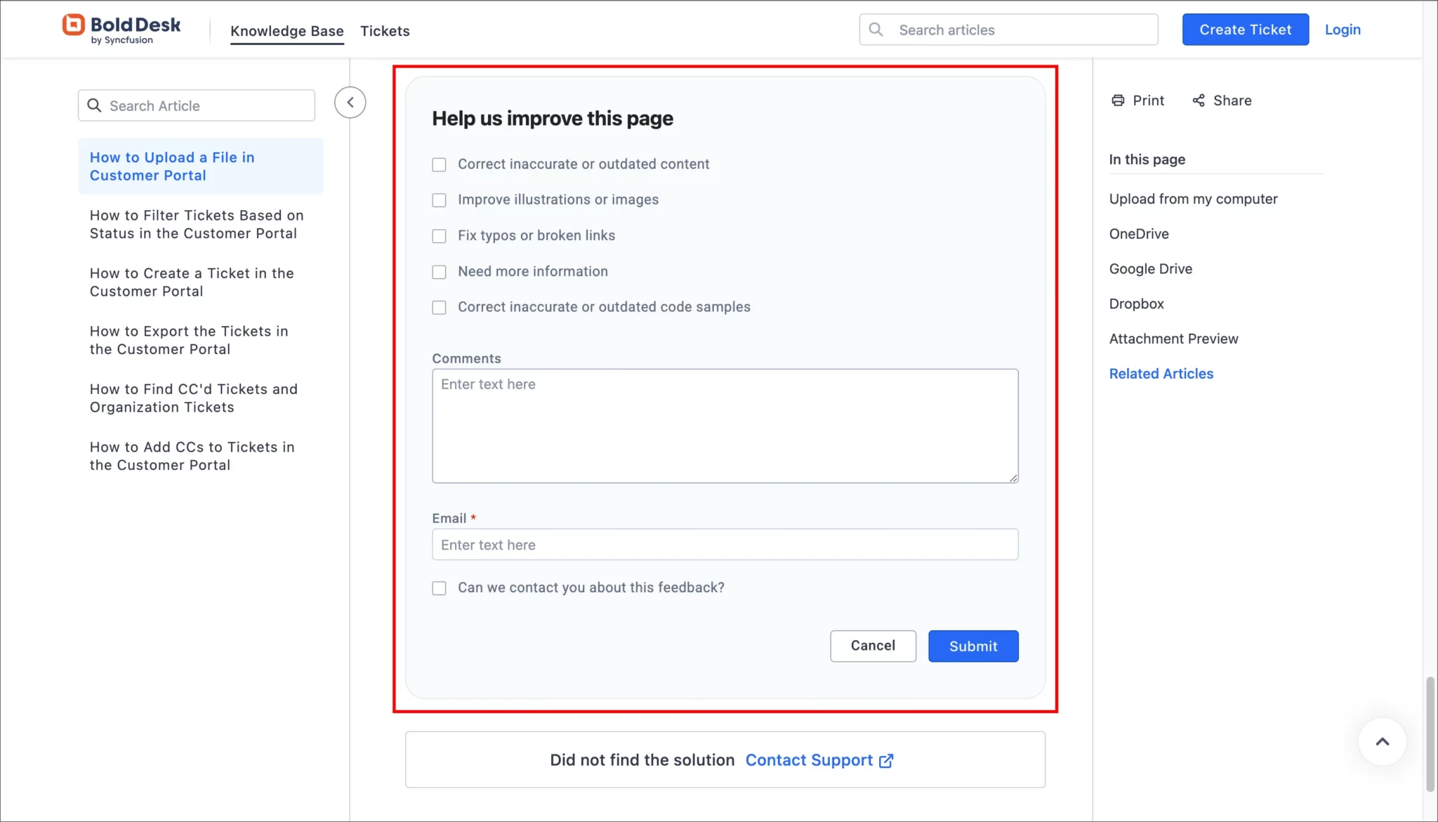 Screenshot of BoldDesk feedback form with options to flag outdated content, images, links, request info, and submit.
