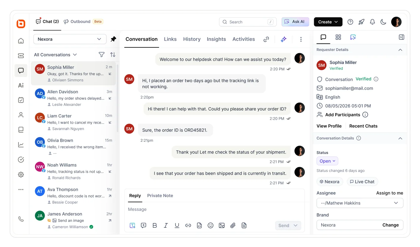 Live chat customer support conversation with order tracking assistance and requester details panel