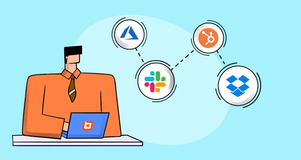 Illustration of a laptop user with connected icons for Azure, Slack, HubSpot, and Dropbox integrations.